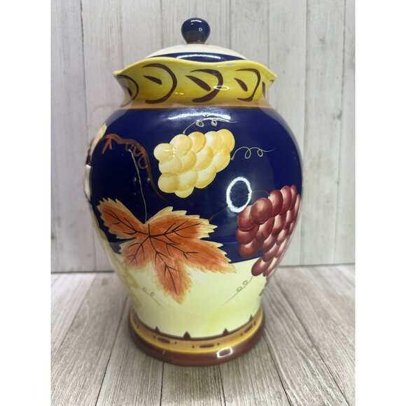 Vtg Cobalt Blue 11" Tall Cookie Jar BISCOTTI Canister Fall Leaves French Country - Picture 5 of 12